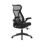 Black office chair with mesh backrest on a white background