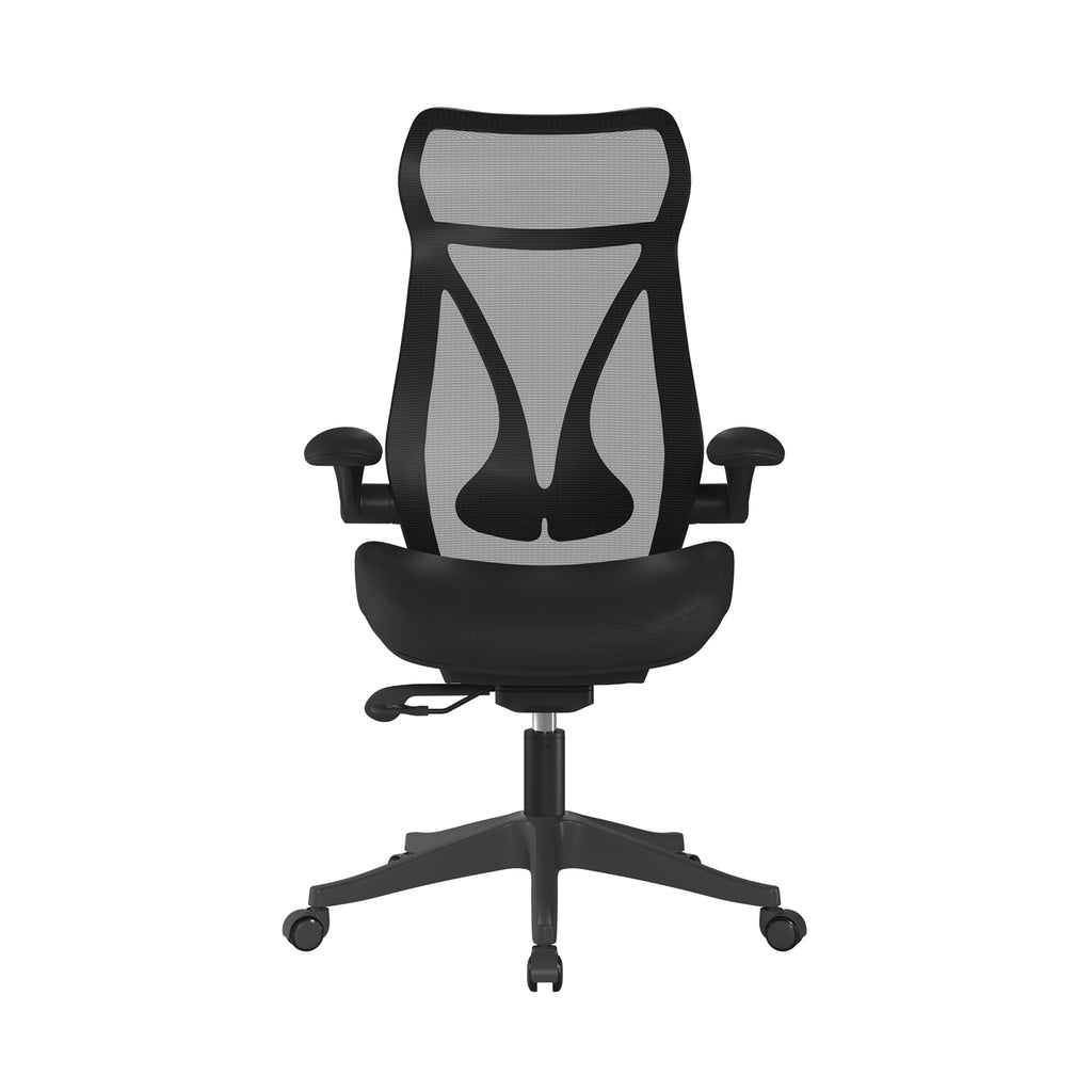 Black office chair with mesh backrest on a white background