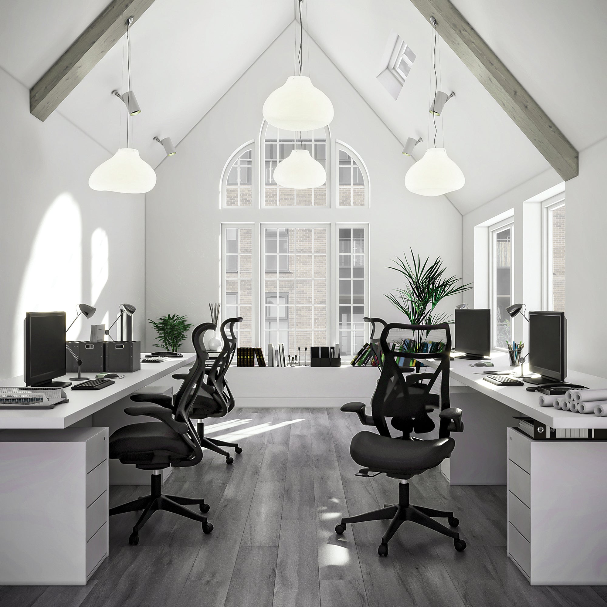 Modern office with white desks, black chairs, and large windows.