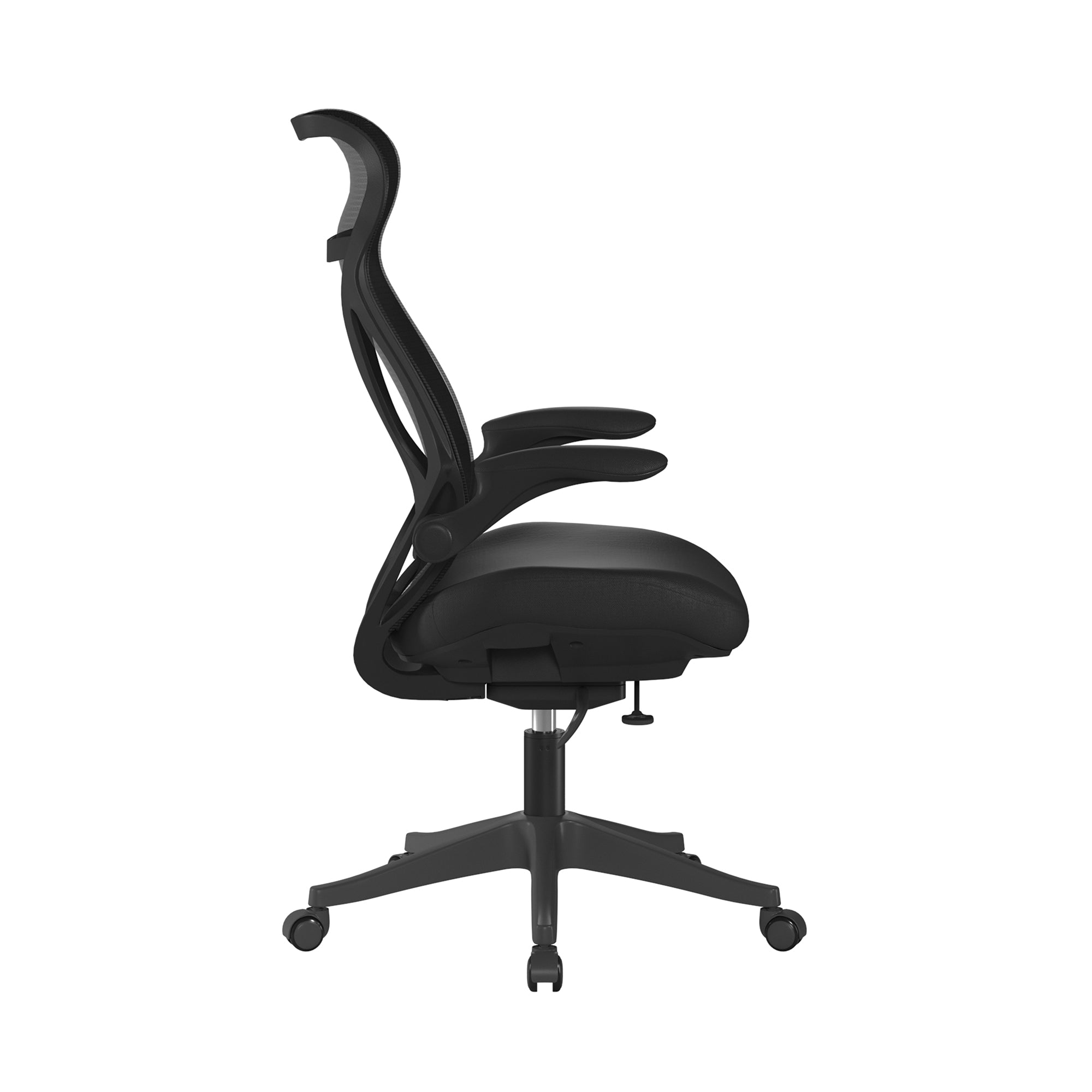Black office chair with mesh backrest on a white background