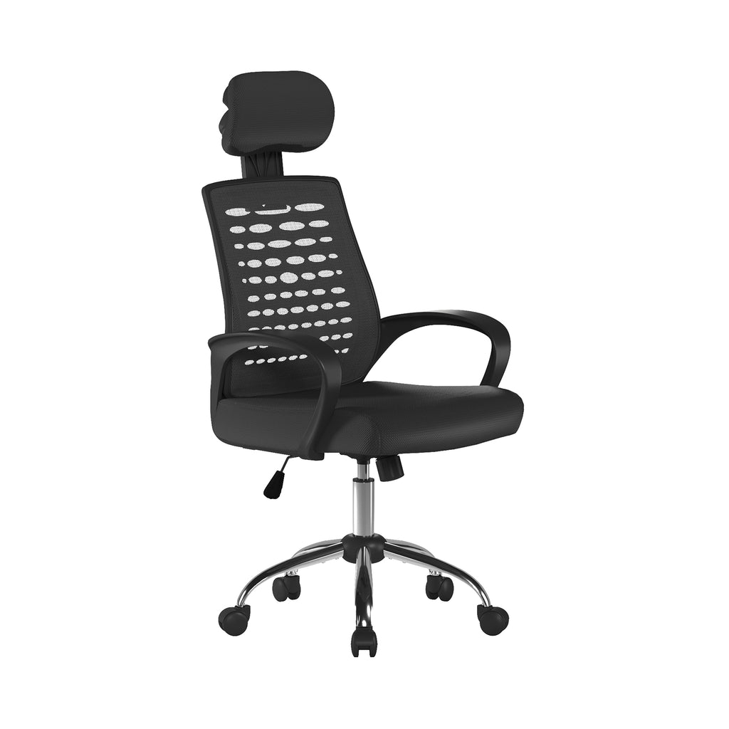 Black office chair with mesh backrest on a white background
