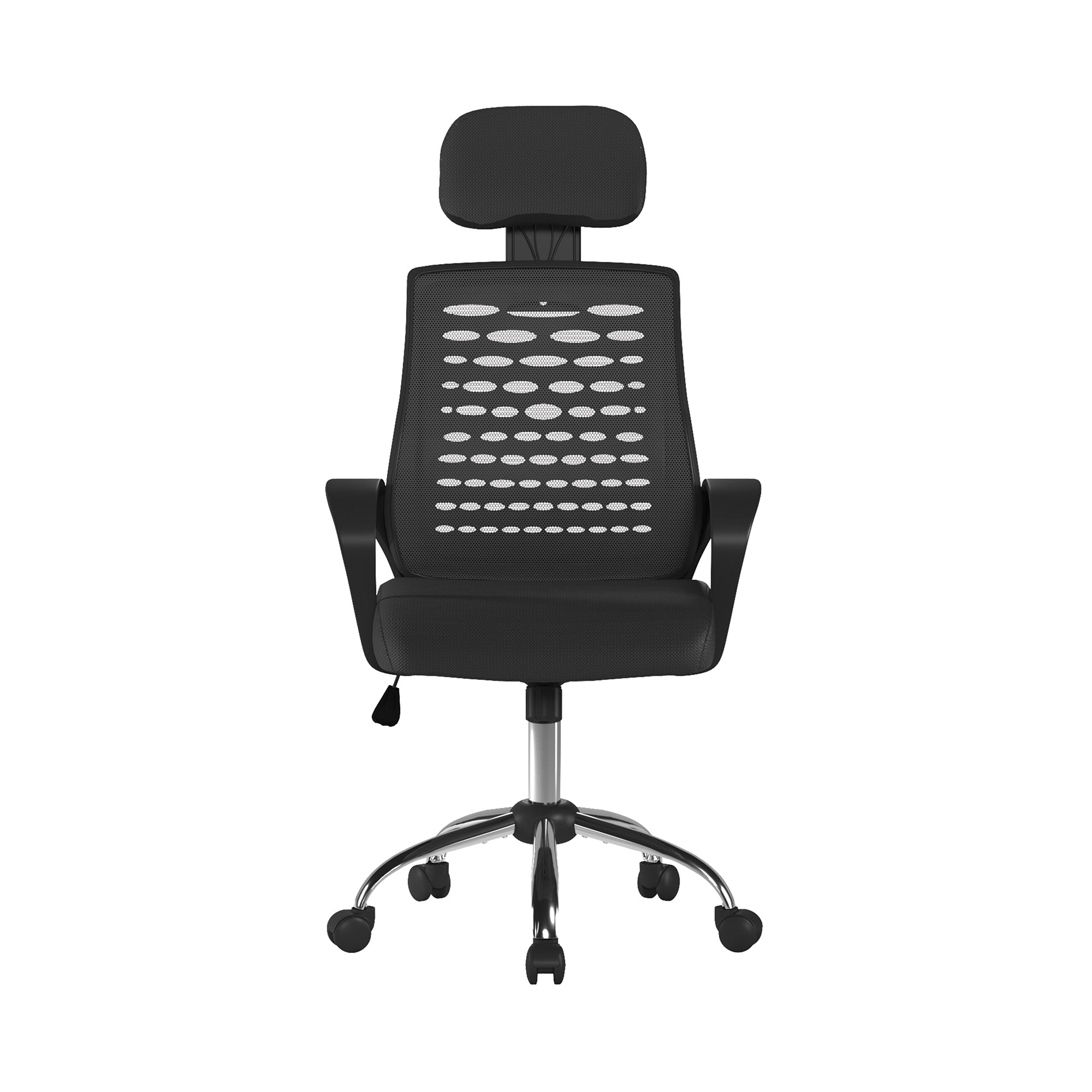 Black office chair with mesh backrest on a white background