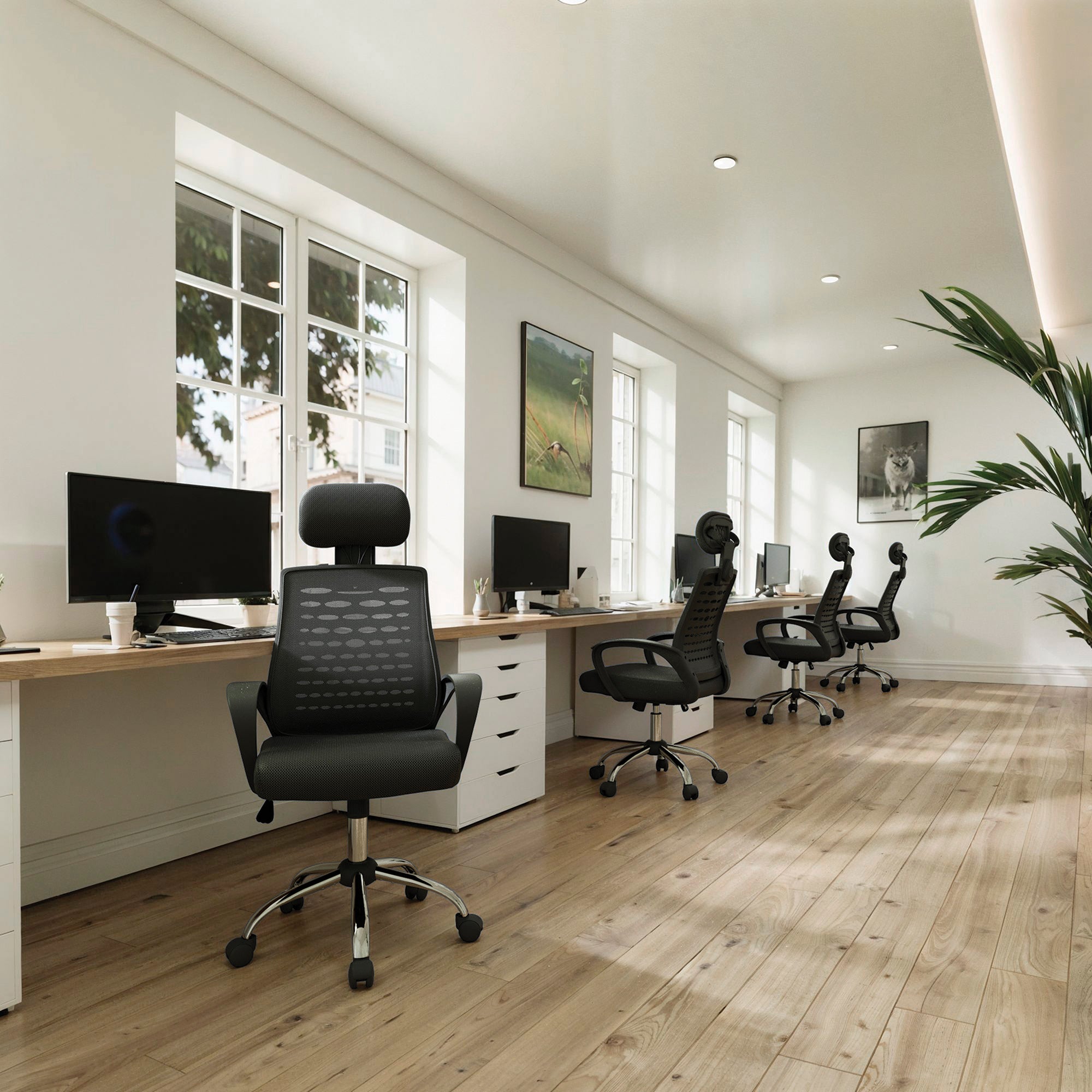 Modern office with desks, chairs, and large windows.