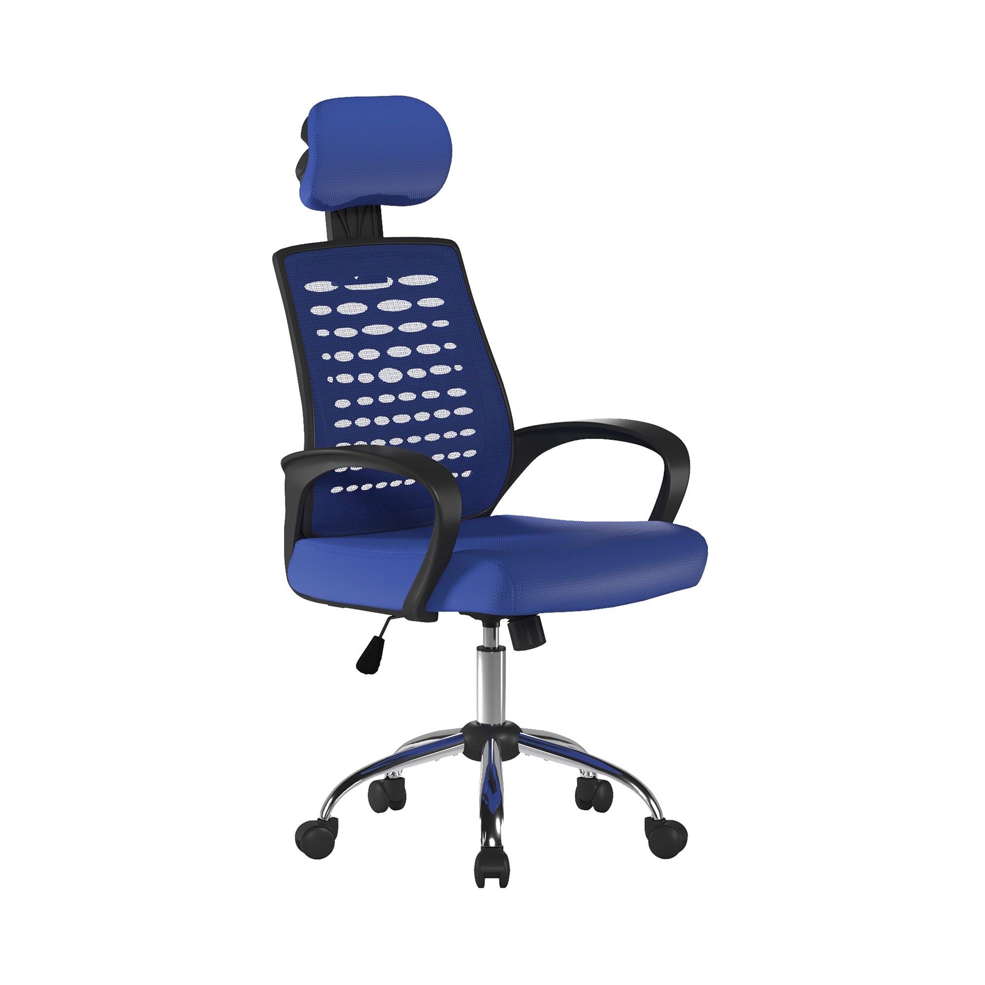 Blue office chair with headrest on a white background
