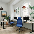 Modern office setup with blue chairs, desks, and large windows.