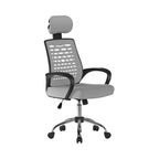 Grey office chair with mesh backrest on a white background