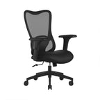 Black office chair with mesh back on a white background