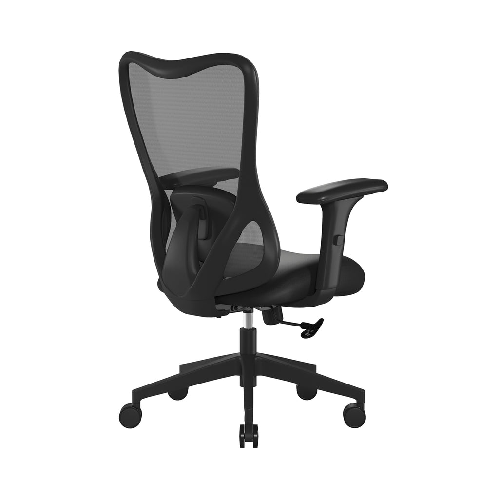 Black office chair with mesh back on a white background