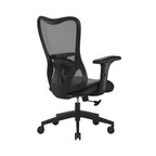 Black office chair with mesh back on a white background