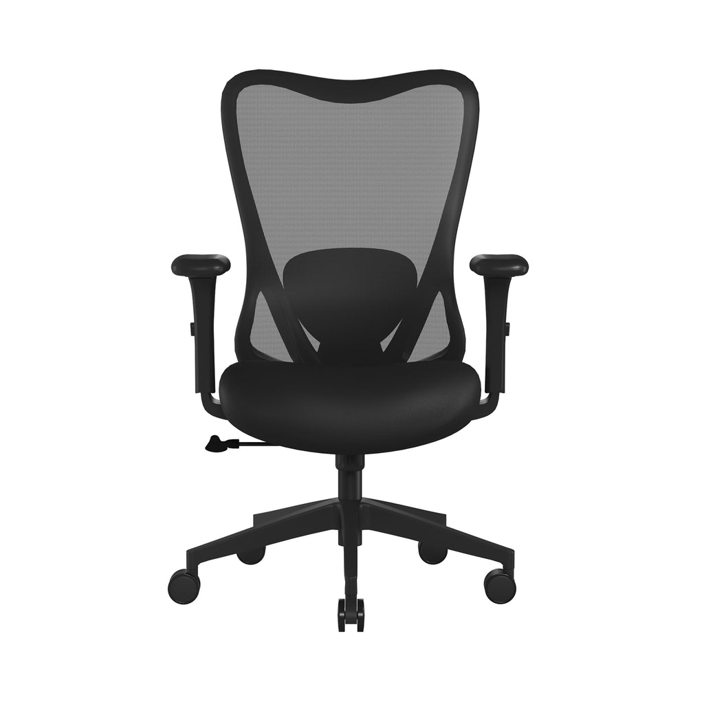 Black office chair with mesh back on a white background