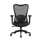 Black office chair with mesh back on a white background