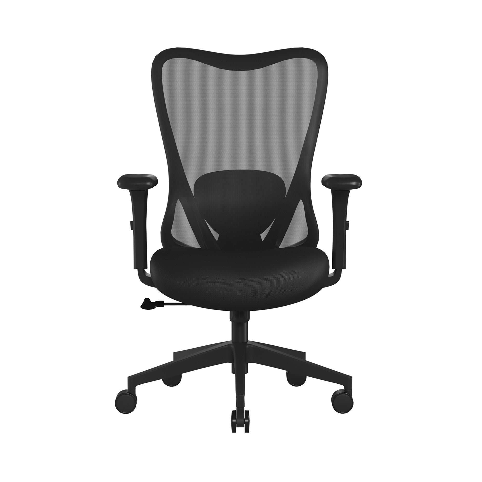 Black office chair with mesh back on a white background