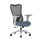 Grey office chair with mesh back on a white background