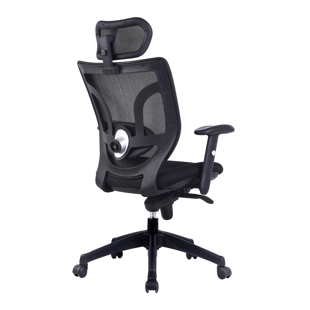 Black office chair with mesh backrest on a white background
