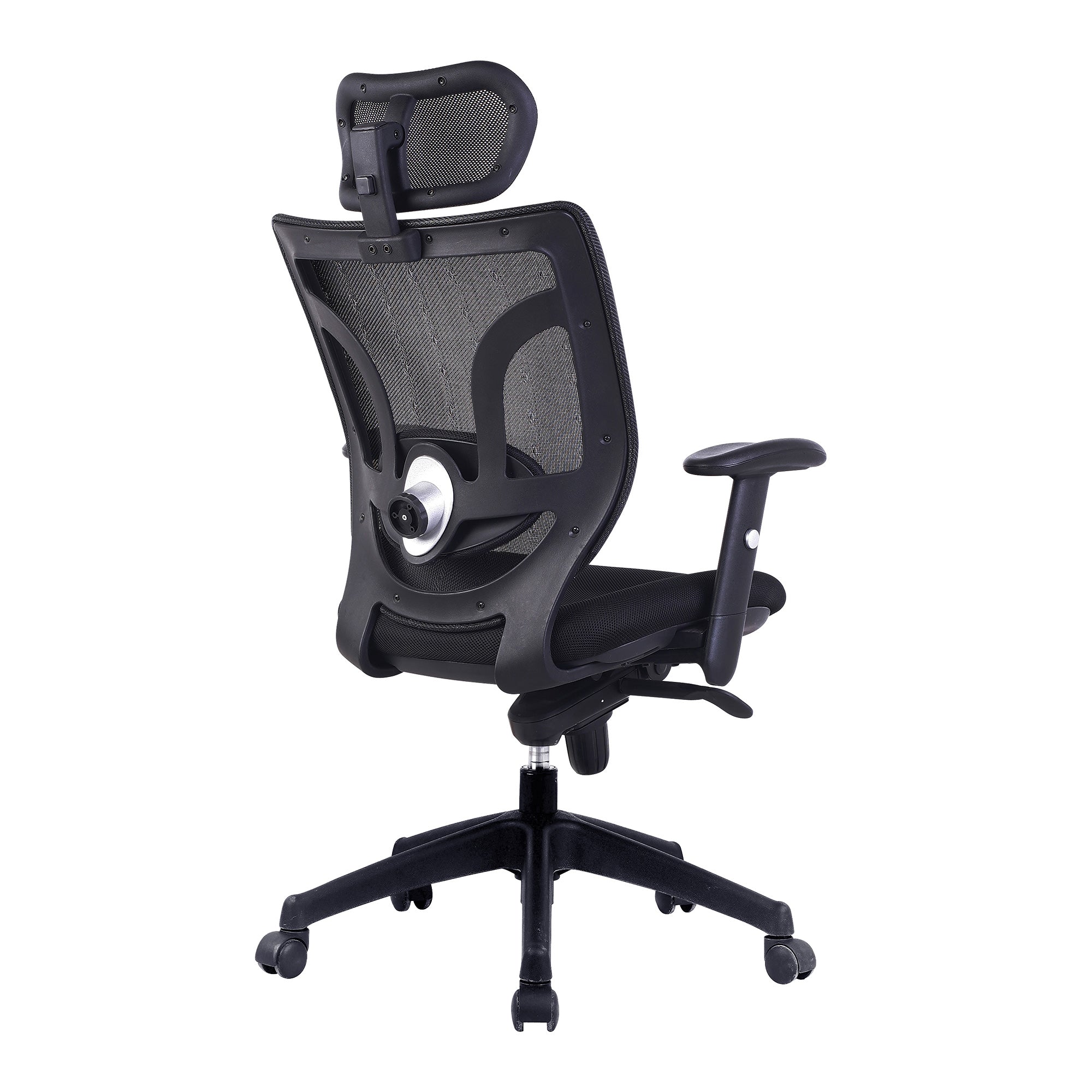 Black office chair with mesh backrest on a white background