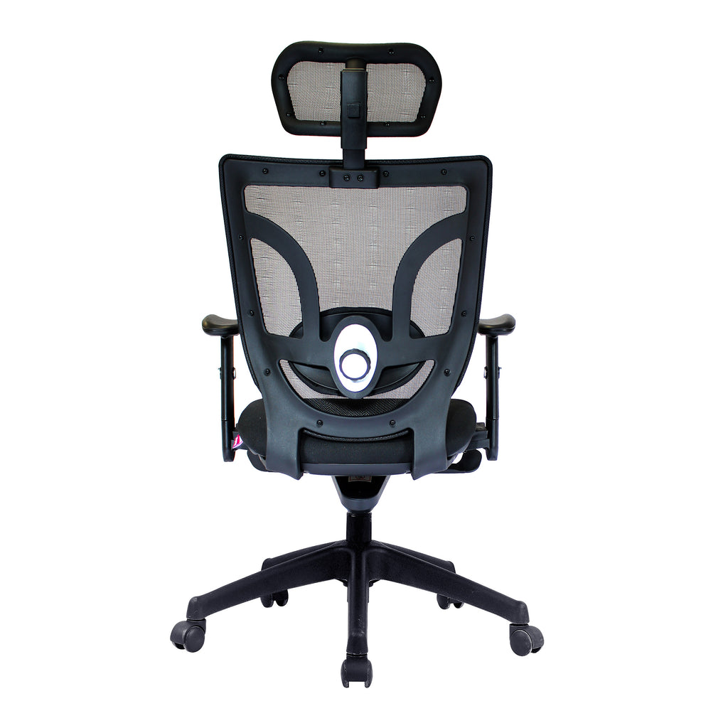 Black office chair with mesh backrest on a white background