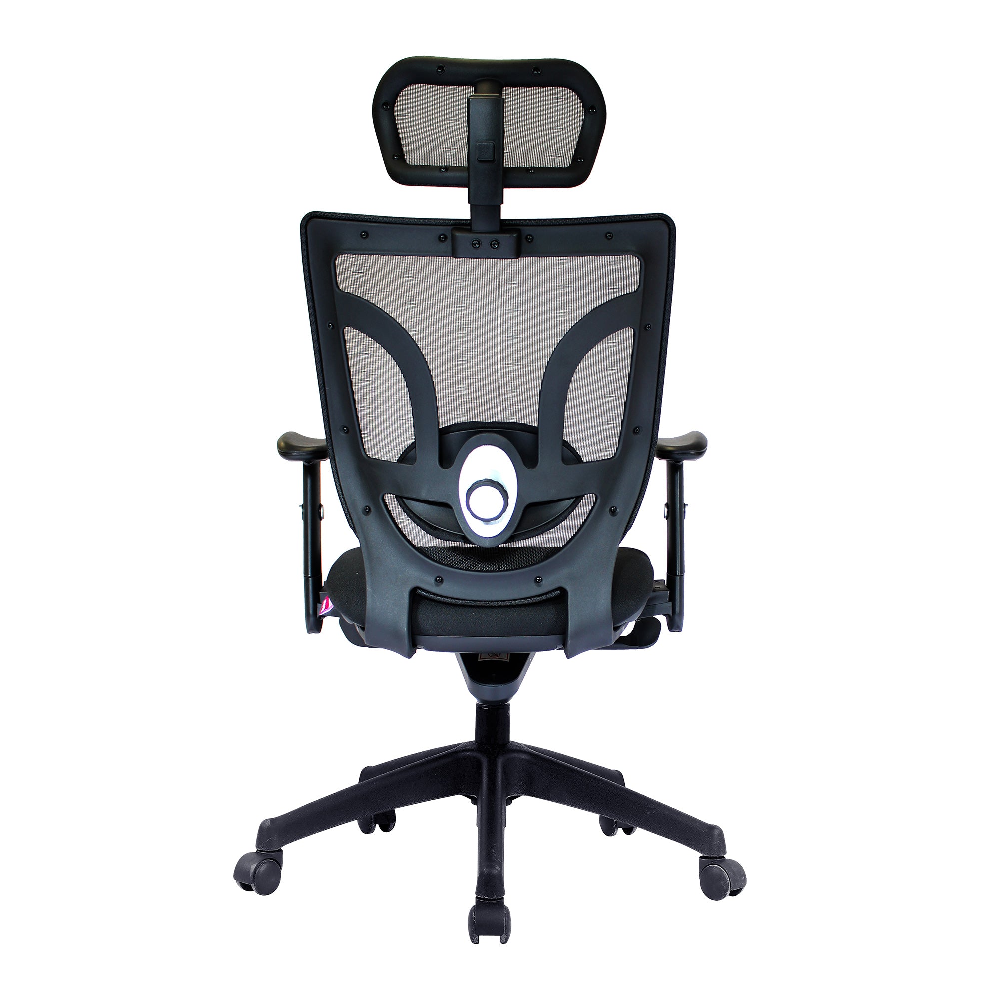 Black office chair with mesh backrest on a white background