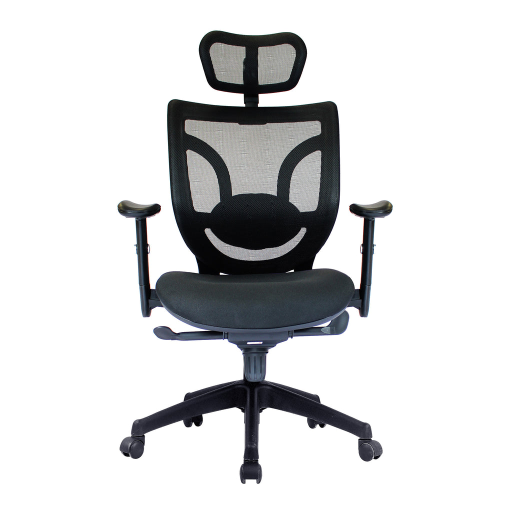 Black office chair with mesh back on a white background