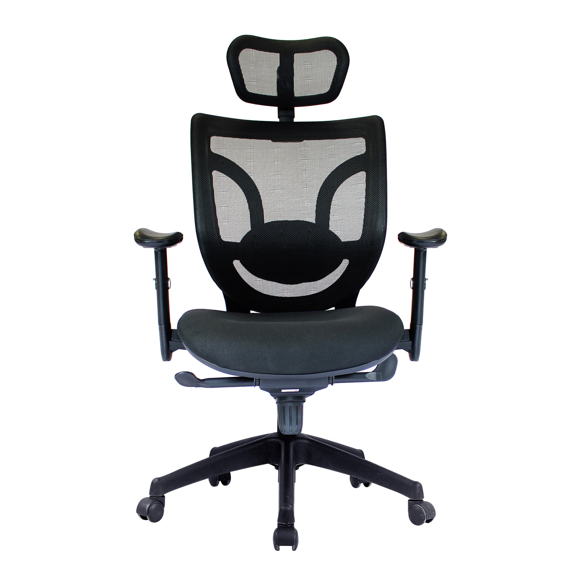 Black office chair with mesh back on a white background
