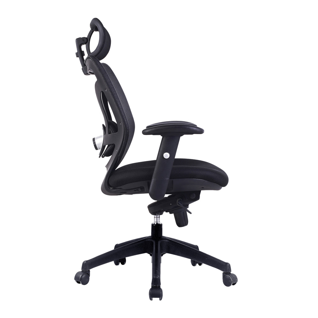 Black office chair with adjustable features on a white background