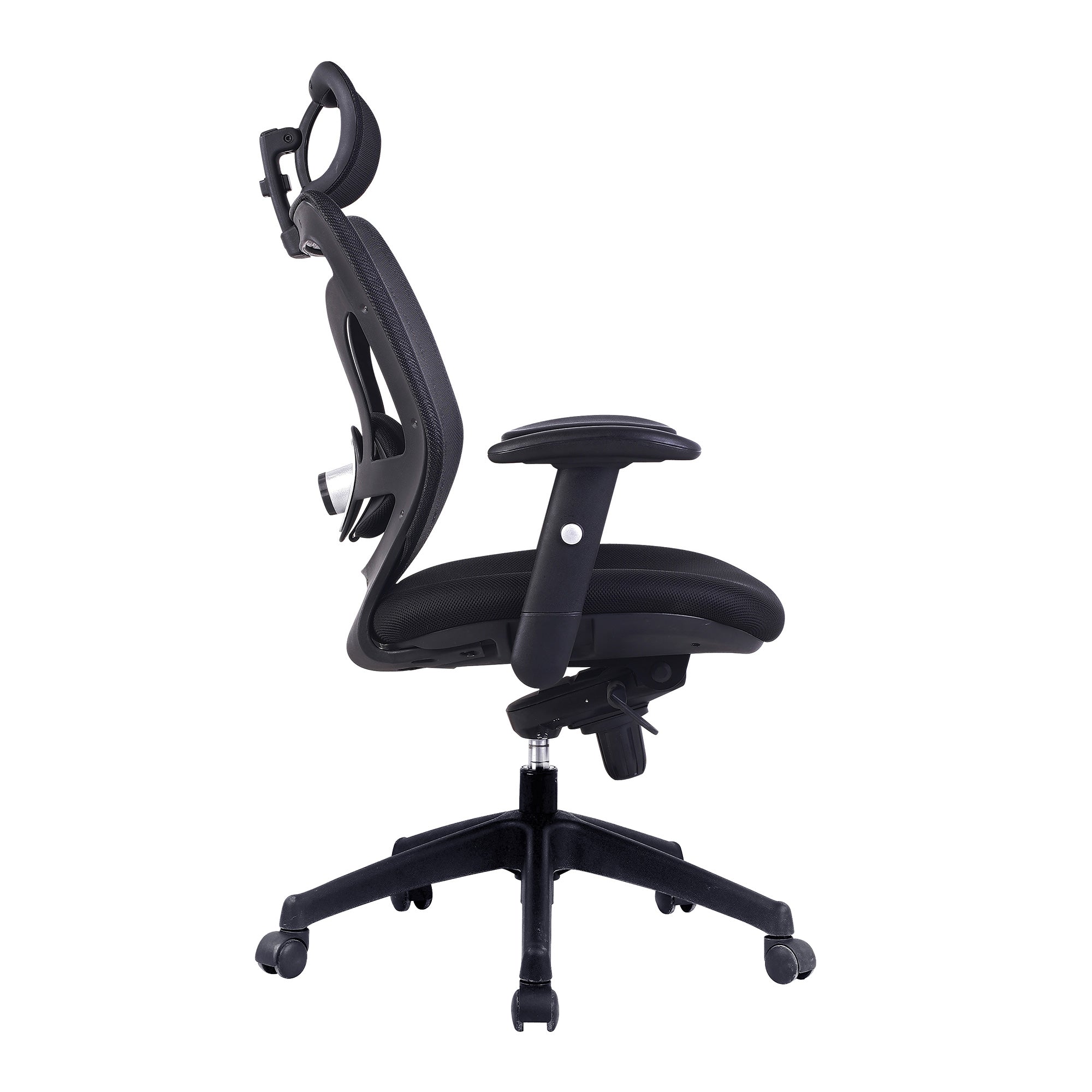 Black office chair with adjustable features on a white background
