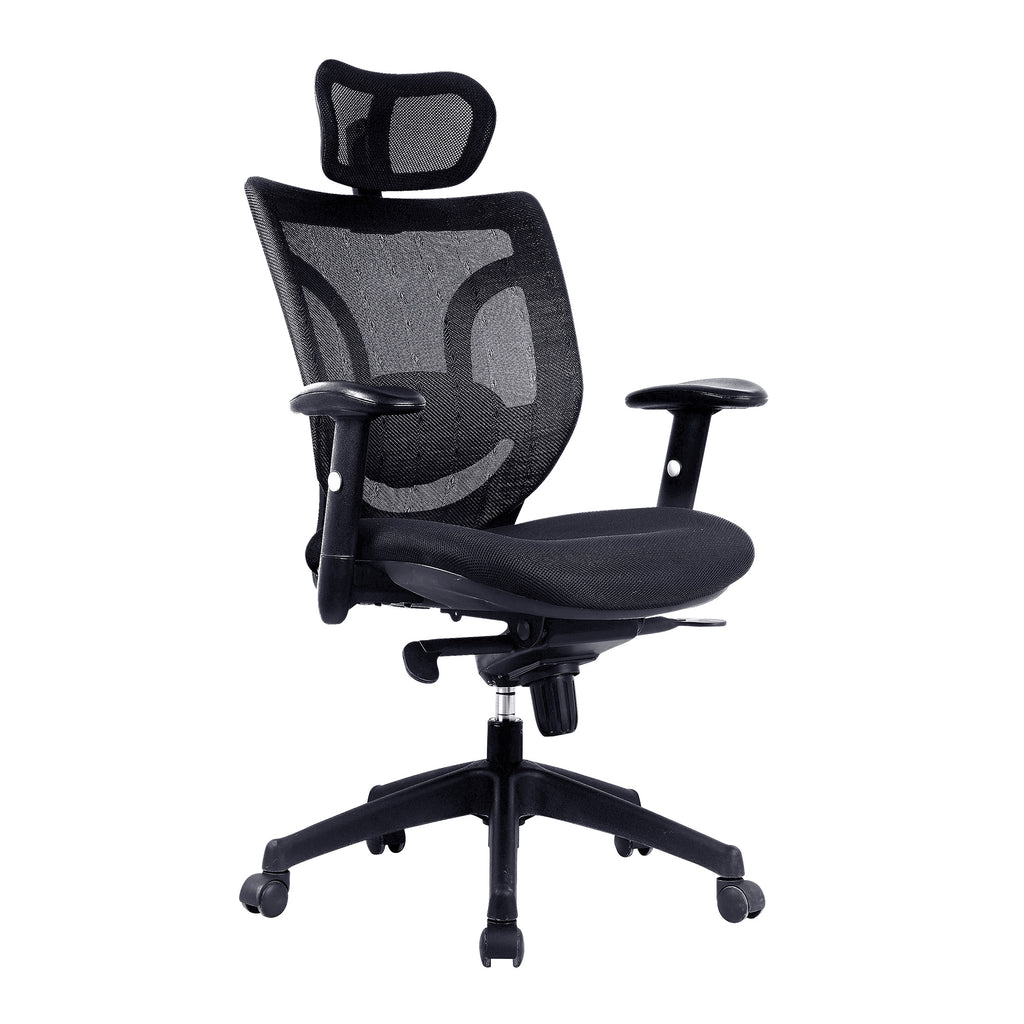 Black office chair with mesh backrest on a white background