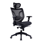 Black office chair with mesh backrest on a white background