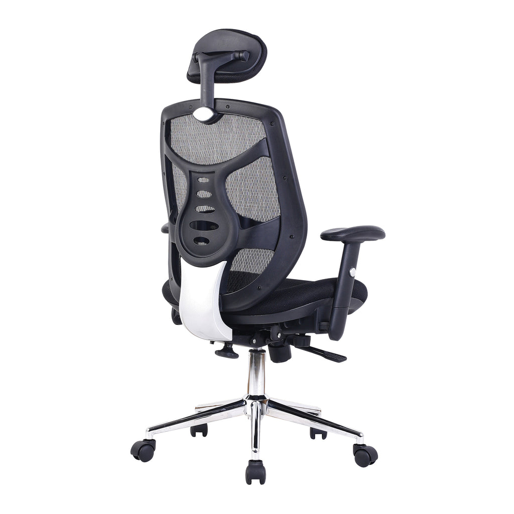 Black office chair with mesh backrest on a white background