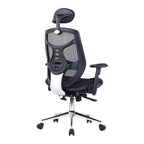 Black office chair with mesh backrest on a white background