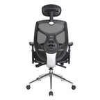 Black office chair with mesh back and headrest on a white background