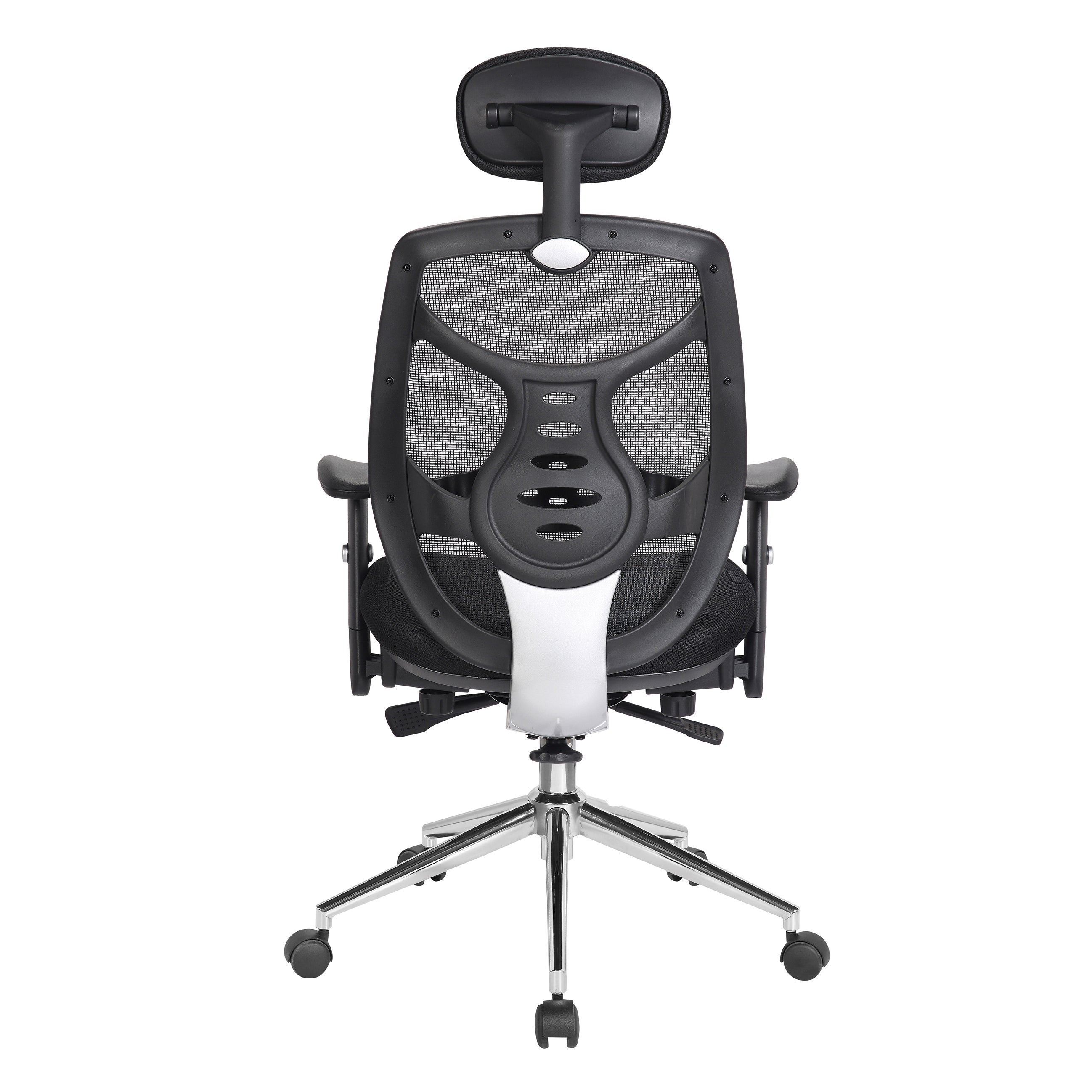 Black office chair with mesh back and headrest on a white background