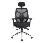 Black office chair with mesh back and headrest on a white background