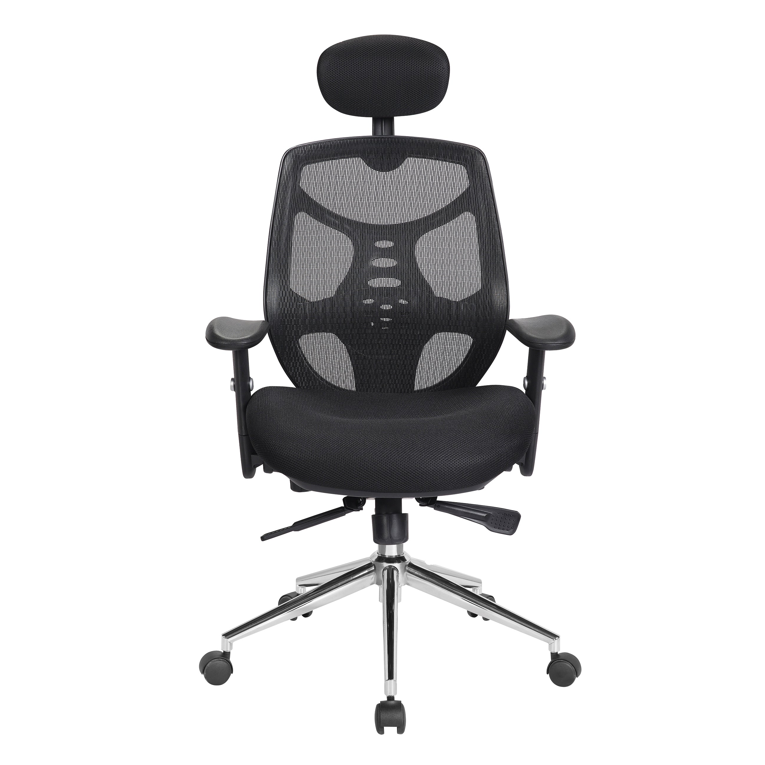 Black office chair with mesh back and headrest on a white background