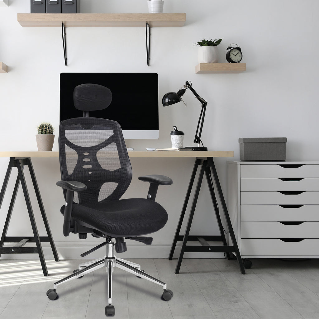 Modern office setup with a black ergonomic chair, desk, computer monitor, and office supplies.