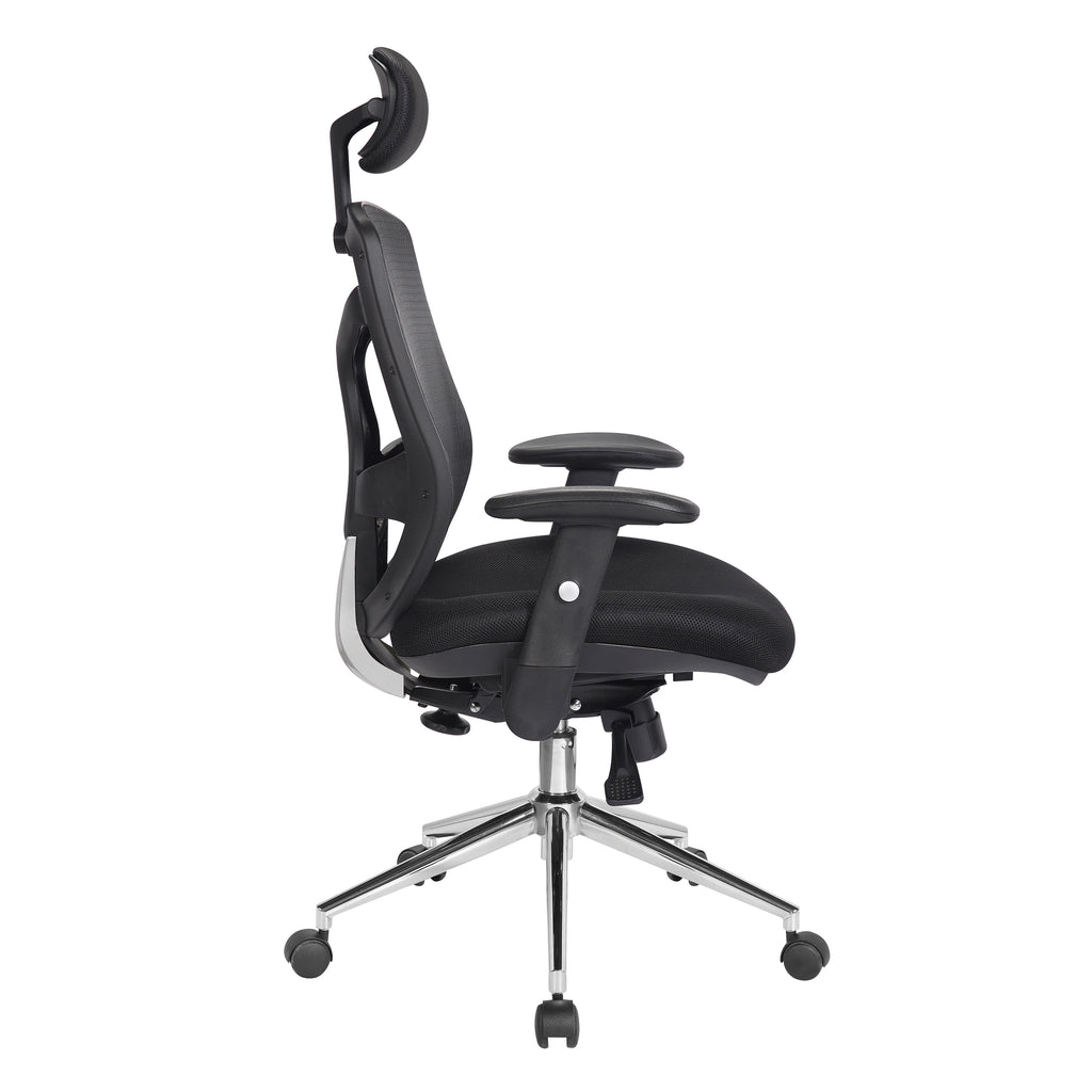 Black office chair with adjustable armrests on a white background