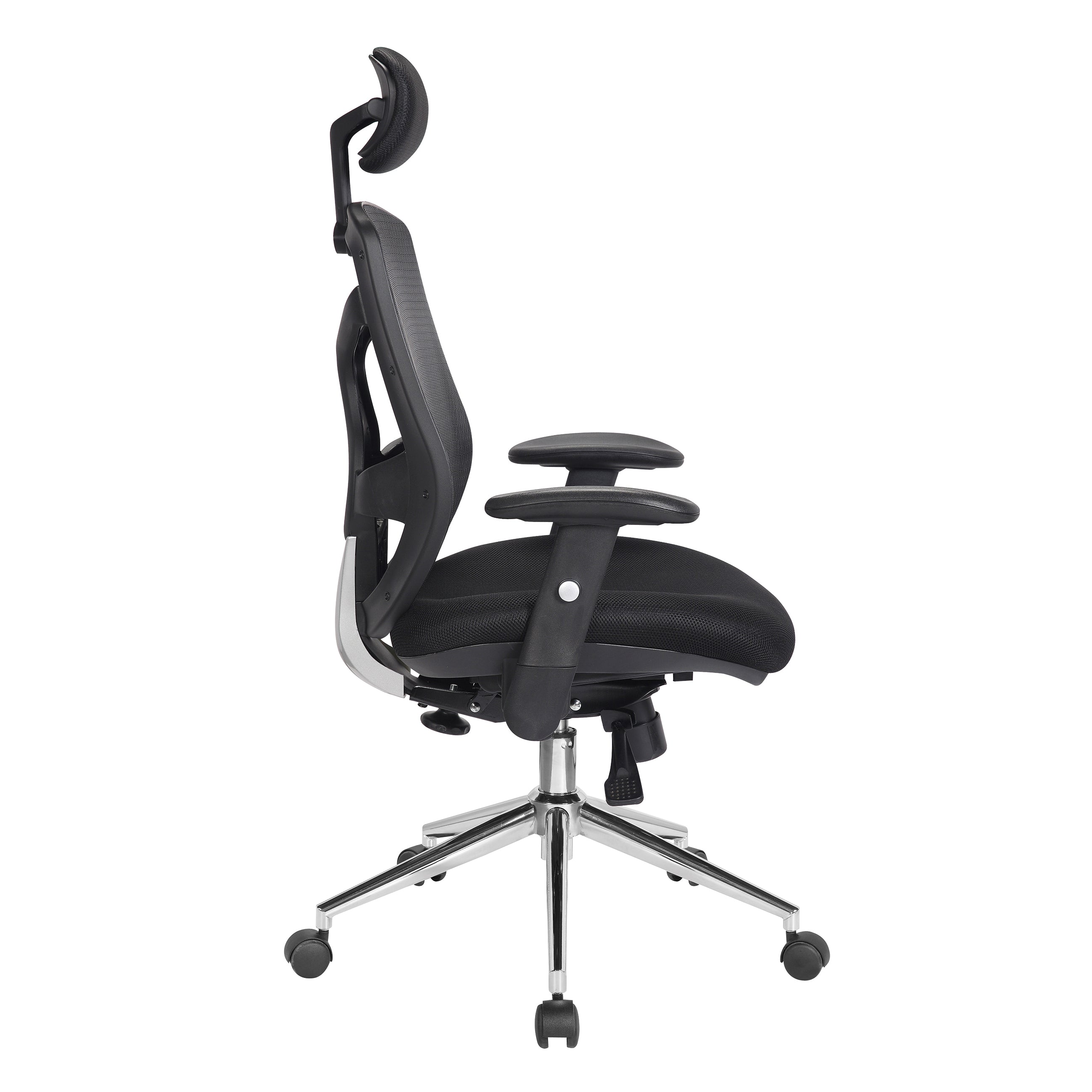 Black office chair with adjustable armrests on a white background