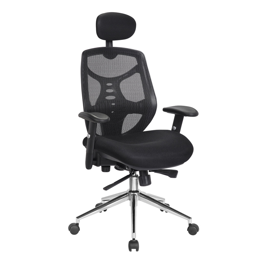 Black office chair with mesh back and headrest on a white background