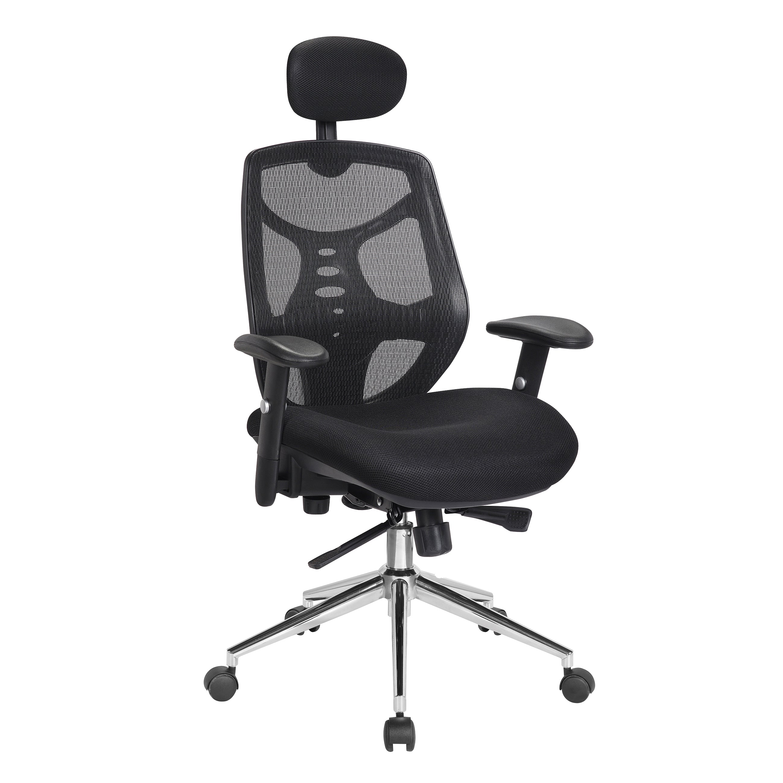 Black office chair with mesh back and headrest on a white background