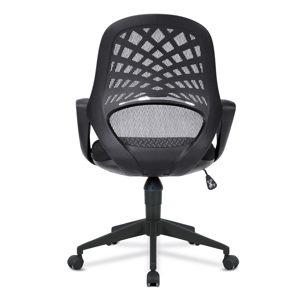 Black office chair with mesh back on a white background