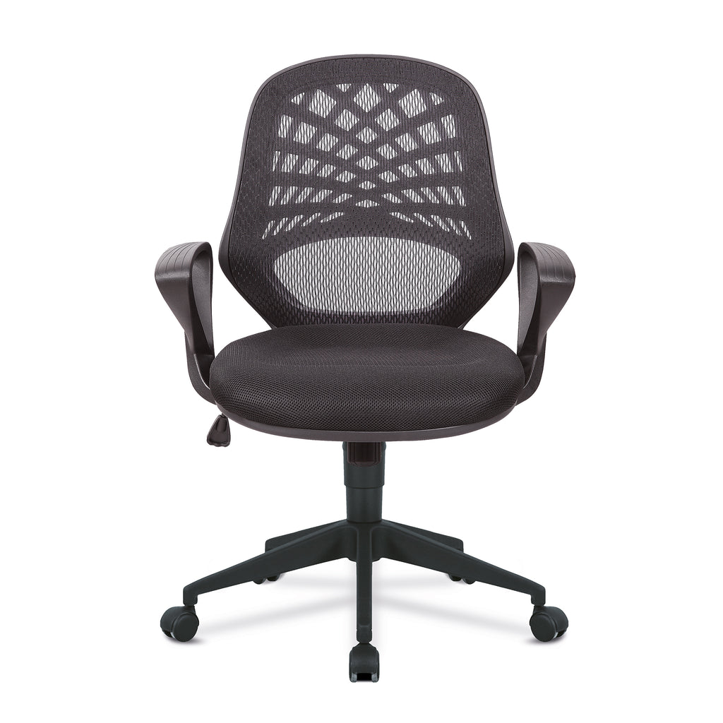 Black office chair with mesh back on a white background