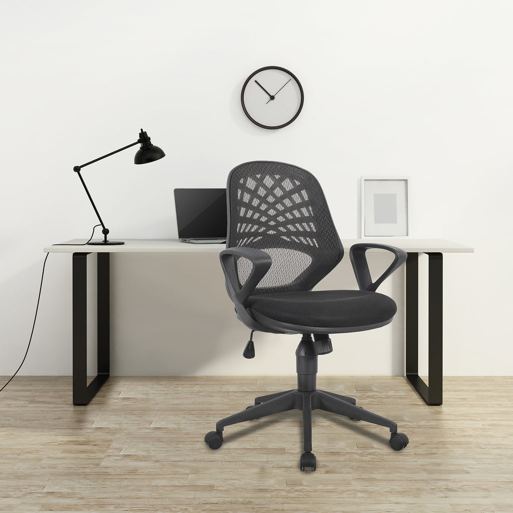 Modern office chair in front of a desk with a laptop and lamp, on a light wood floor.