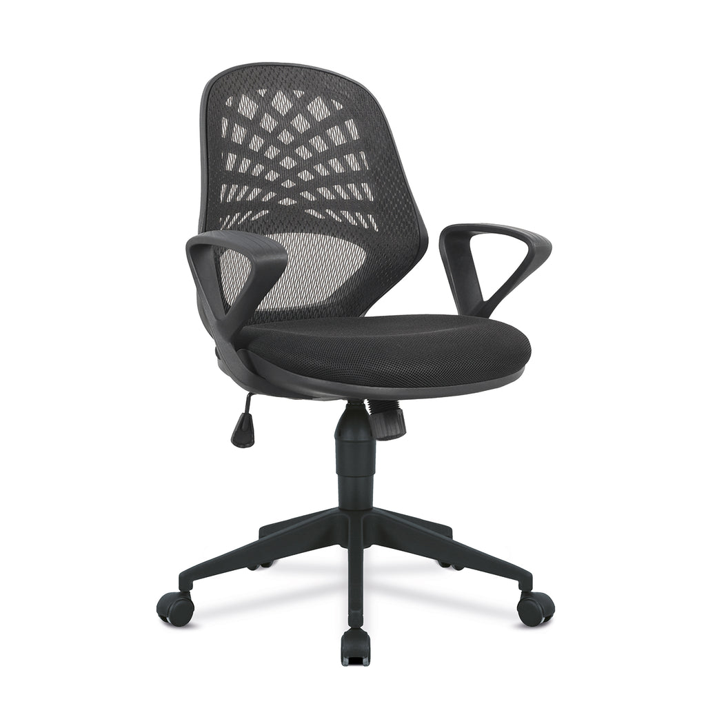 Black office chair with mesh back on a white background