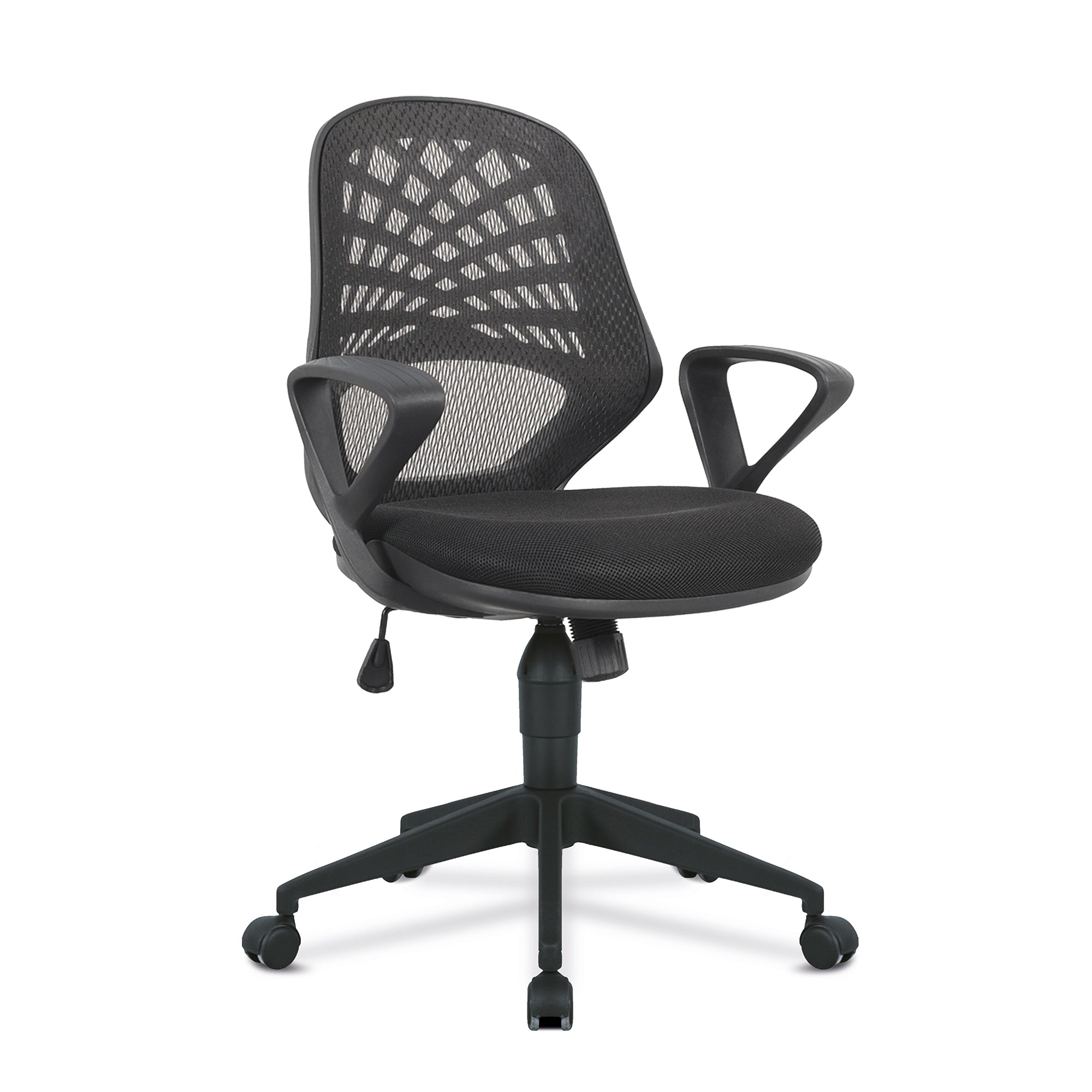 Black office chair with mesh back on a white background