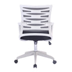 Black and white office chair with mesh backrest on a white background