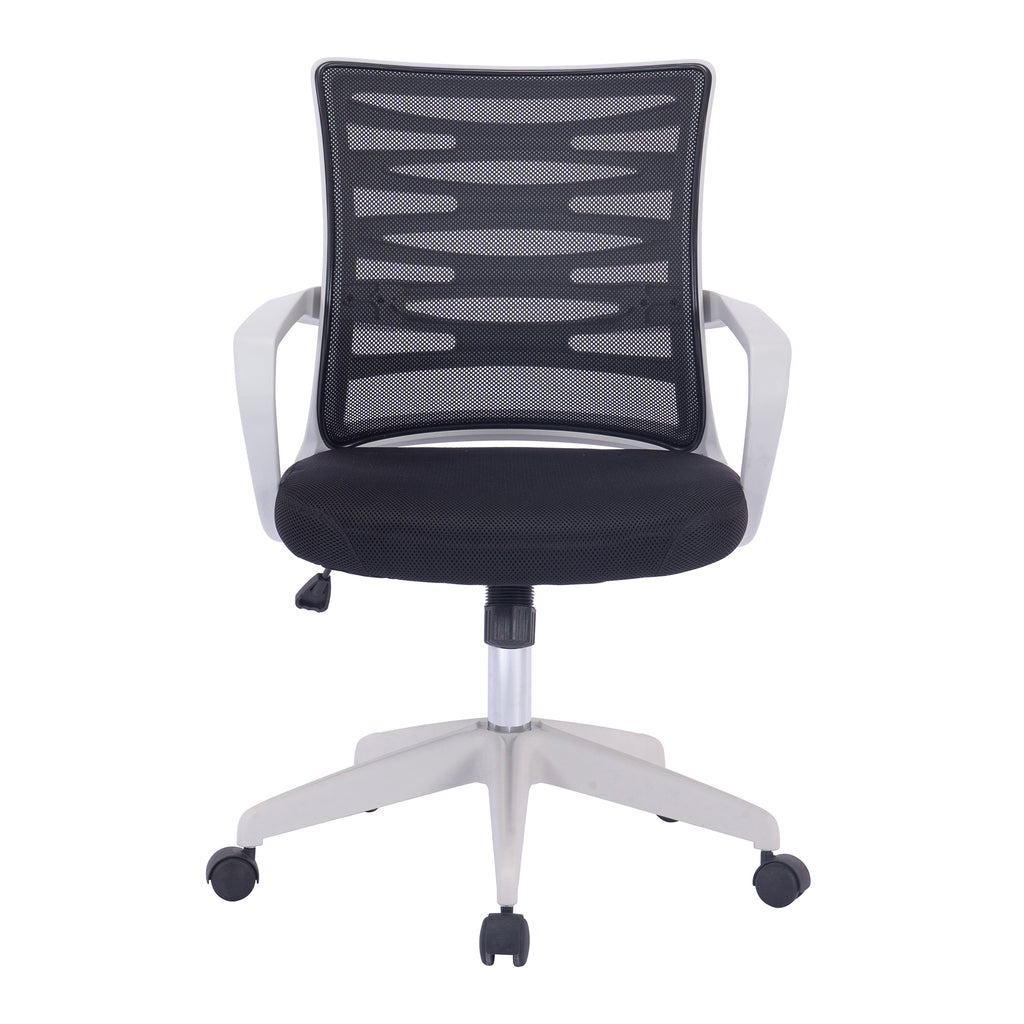 Black and white office chair with mesh backrest on a white background