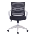 Black and white office chair with mesh backrest on a white background