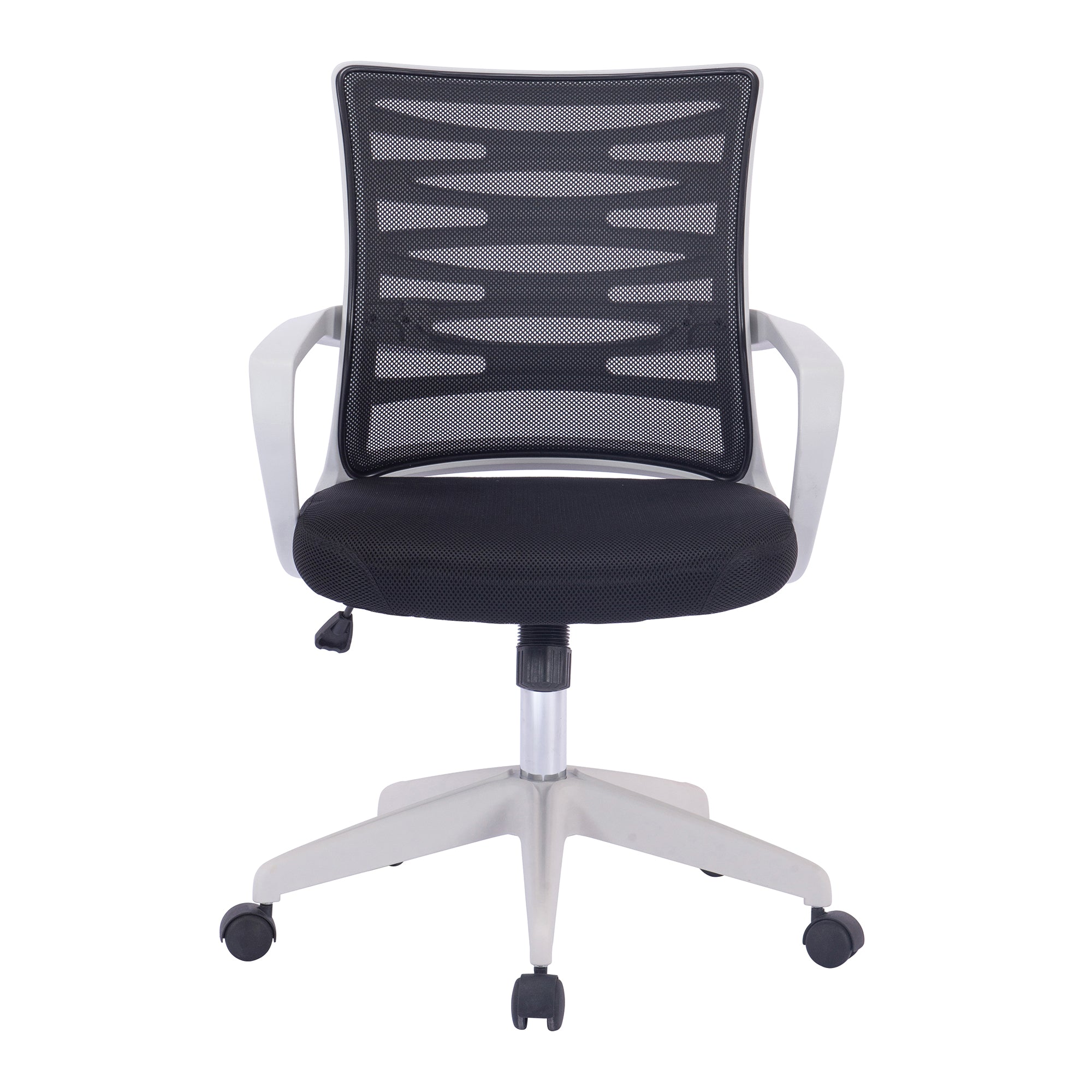Black and white office chair with mesh backrest on a white background