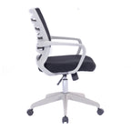 Black and white office chair with mesh backrest on a white background