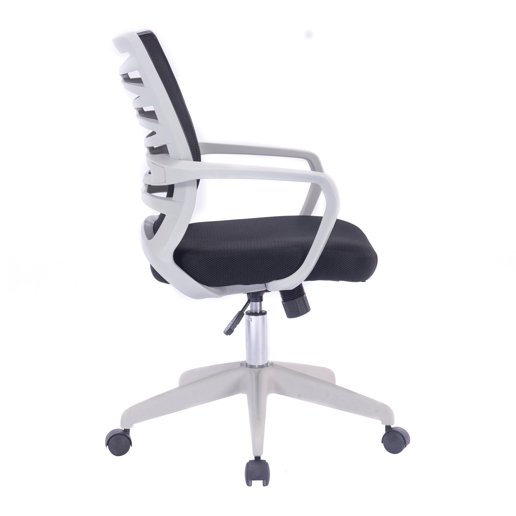 Black and white office chair with mesh backrest on a white background
