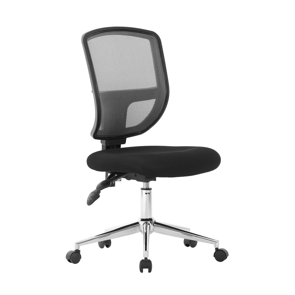Black office chair with mesh backrest on a white background